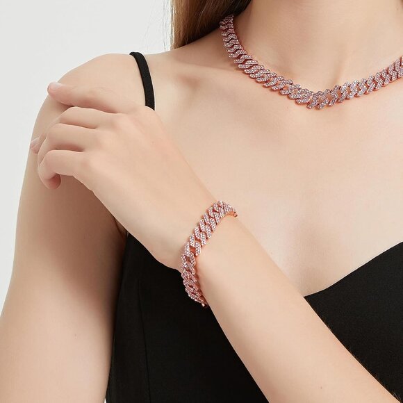 Cuban Link Chain for Women Diamond Miami Cuban Choker Necklace 12mm Pink Crystal - Picture 6 of 6